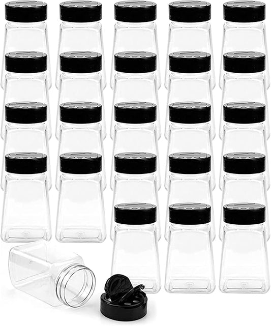 Tebery 24 Pack Clear Plastic Spice Jars with Black Flap Cap, 9OZ Seasoning Jars Storage Container Bottle To Pour Or Sifter Shaker for Storing Spice, Herbs and Powders