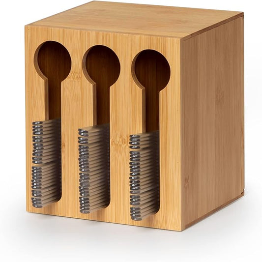 Bamboo Utensil Dispenser for Spoons and Forks, Plastic Utensil Holder Station with 3 Compartments, Plastic Utensil Organizer, Cutlery Dispenser for Party, Wedding, Church and Breakroom