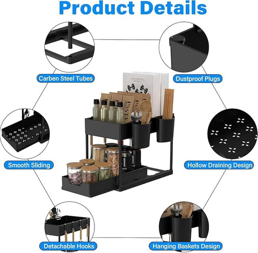 2PC Under Sink Organizer with Hanging Cups - 2 Tier Metal Under Sliding Cabinet Organizer Drawer with 4 Hooks for Bathroom Pantry Cabinet Rack Black