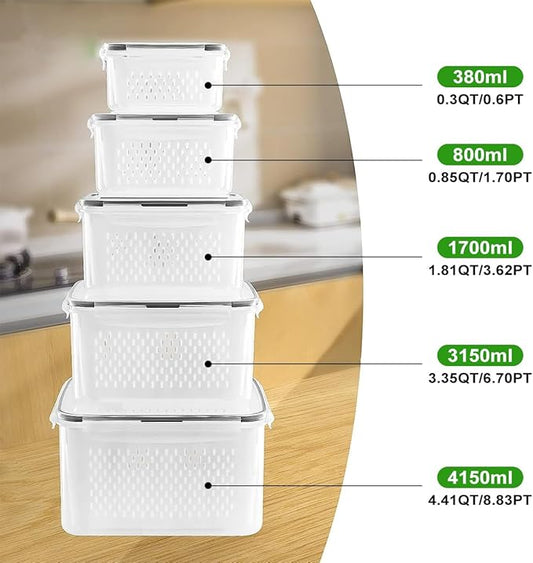 5 Pcs Fruit Storage Containers for Fridge, Airtight Fridge Organizer Bins with Vent Handle Lids, Keep Food Fresh Longer, Dishwasher Safe (Large, 4150ml)