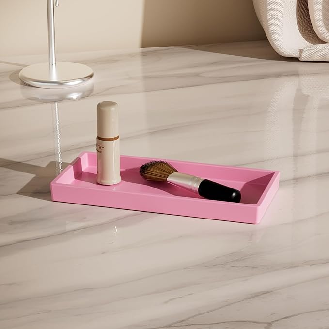 Vanity and Bathroom Tray, 6.3" ABS Countertop Organizer,Waterproof Vanity Tray for Toilet Tank,Perfume,Soap,Keys,Bathroom Accessories,Kitchen and Bath Trays,Non Slip Small Trays,Pink
