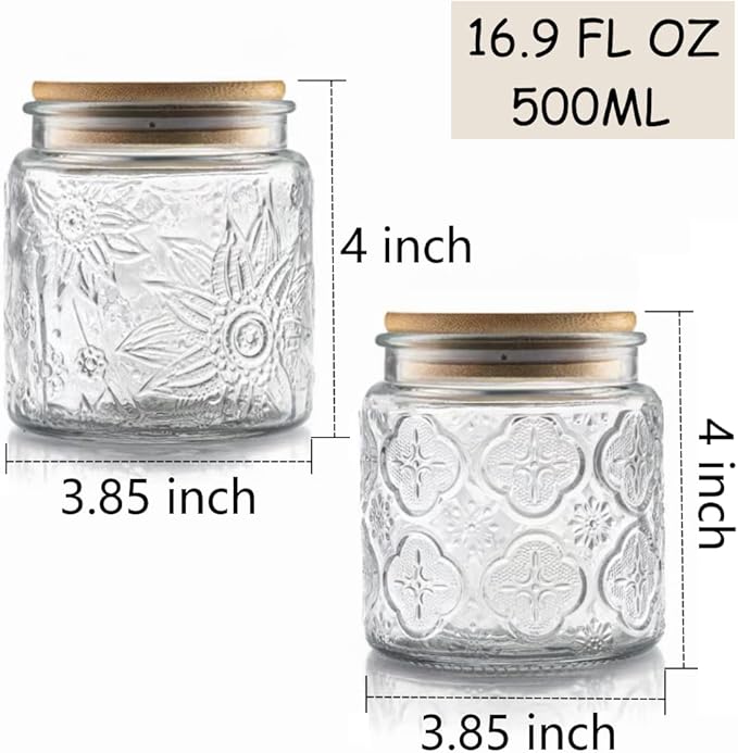 ANSQU Set of 4 Vintage Glass Airtight Storage Jars, 17 FL OZ Glass Storage Containers with Bamboo Lids, Canning Jar for Kitchen Counter, Pantry, Cookie, Coffee, Tea, Sugar, Cute Jars