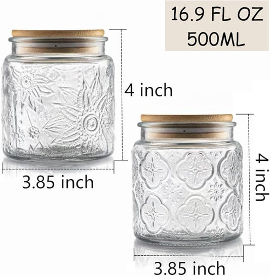 ANSQU Set of 4 Vintage Glass Airtight Storage Jars, 17 FL OZ Glass Storage Containers with Bamboo Lids, Canning Jar for Kitchen Counter, Pantry, Cookie, Coffee, Tea, Sugar, Cute Jars