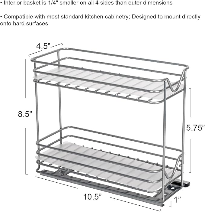 Household Essentials Glidez Powder-Coated Steel Pull-Out/Slide-Out Storage Organizer with Plastic Liners for Spice Rack Use - 2 -Tier Design - Fits Standard Size Cabinet or Shelf, Brushed Silver