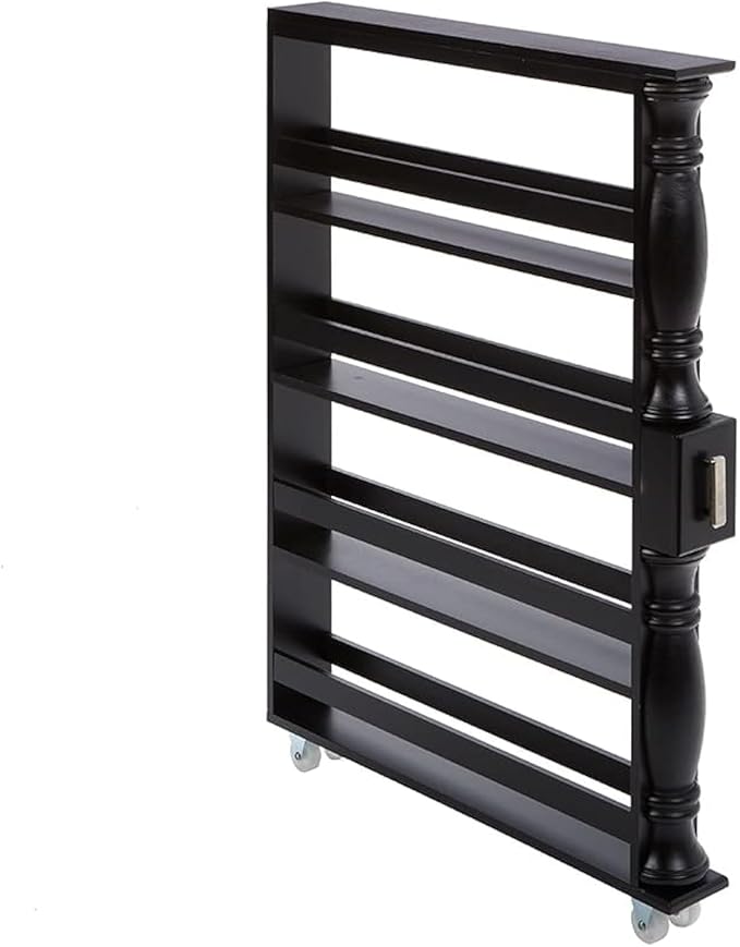 The Lakeside Collection Slim 4 Tier Black Wooden Storage Rack Cart on Wheels for Small Spaces, Kitchen, Bathroom Laundry Room Organization