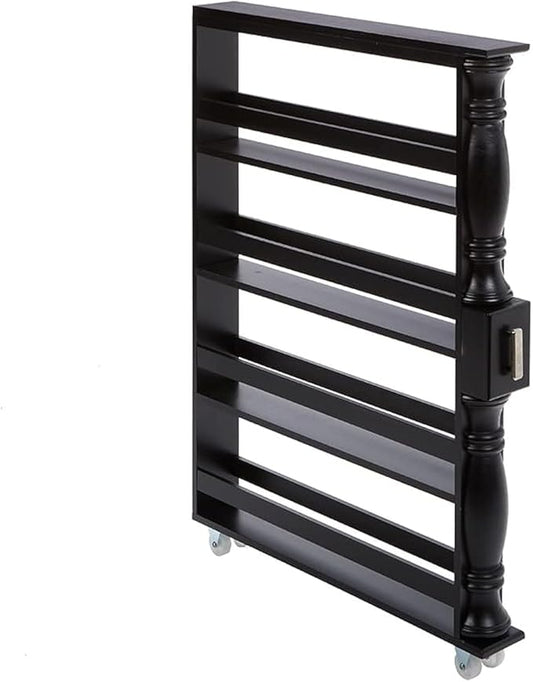 The Lakeside Collection Slim 4 Tier Black Wooden Storage Rack Cart on Wheels for Small Spaces, Kitchen, Bathroom Laundry Room Organization