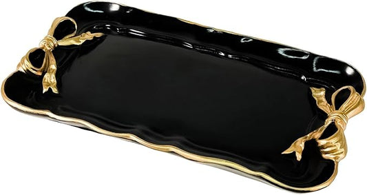 Vintage Decorative Tray Jewelry Tray Towel Tray Storage Tray Rings Necklace Bracelets Earrings Trays Cosmetics Jewelry Organizer Retro Design Bow Decor Resin Plate Coquette Room Decor (Black)