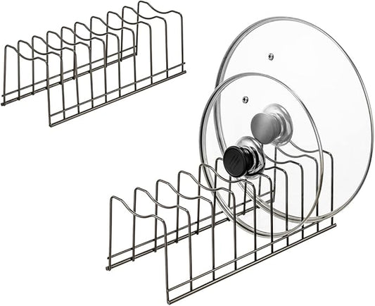 Pot Lid Organizer, Stainless Steel Pot Lid Storage Rack Holder, Cutting Board, Bakeware, Pots & Pans, Serving Trays, Reusable Containers in Cabinet Pantry on Countertop(Satin Nickel, 2)