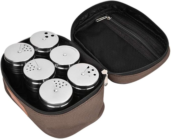Stainless Steel Spice Jar Set, 6 Pack 3 oz Camping Spice Bottles Kit with Shaker Lids Empty Spice Shaker Seasoning Dispenser Containers with Adjustable Pour Holes for Kitchen BBQ Picnic Travel