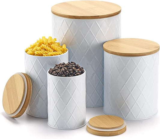 White Kitchen Canisters Set with Wooden Lids, Airtight Sugar, Flour, Coffee, Cookie Storage Canister Sets for Kitchen Countertop, Farmhouse Decor, 4 Pack