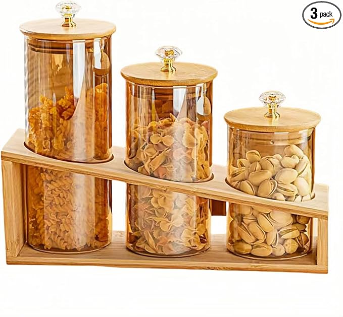 Glass Storage Containers with Lids (17oz/22oz/27oz), 3-Pack Glass Jars with Lids, Clear Glass Sugar Container, Pantry Organizers and Storage for Cookie Flour Oat Pasta Tea Coffee Bean