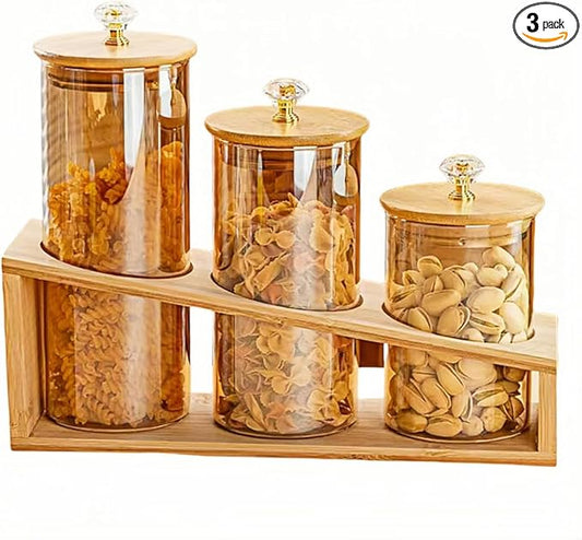 Glass Storage Containers with Lids (17oz/22oz/27oz), 3-Pack Glass Jars with Lids, Clear Glass Sugar Container, Pantry Organizers and Storage for Cookie Flour Oat Pasta Tea Coffee Bean