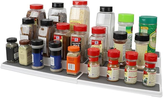 Home Basics 3-Tiered Plastic Expandable Spice Rack with Silicone Lined Anti-Slip Tiers, (White) Adjustable Length Kitchen Organizer for Cabinet, Pantry or Countertop