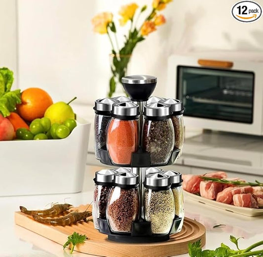 Rotating Spice Rack Organizer, 12 Glass Jars, 2-Tier Carousel Stand, Black and Silver