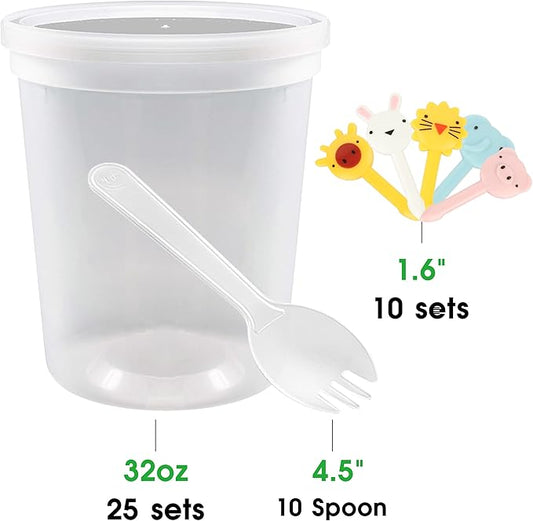 [25 Pack, 32oz] Food Storage Containers with Lids - BPA-Free | Airtight | Stackable Plastic Deli Containers (Includes 10 Spoons & 10 Forks), Dishwasher, Microwave & Freezer Safe