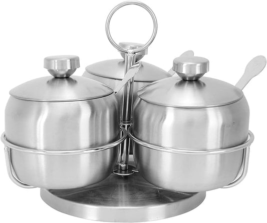 Stainless Steel Condiment Seasoning Container Pots Set with Spice Rack Large Capacity Tone to Store, Sugar, Salt, Oil, Spices Condiment Jars Storage, Silver
