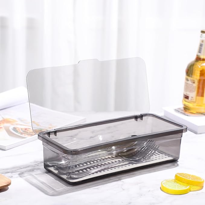 Cabilock Flatware Tray with Lid, Kitchen Cutlery Tray and Utensil Drawer Organizer, Silverware Countertop Storage Container with Cover 10 * 2.8 * 3.9 inches
