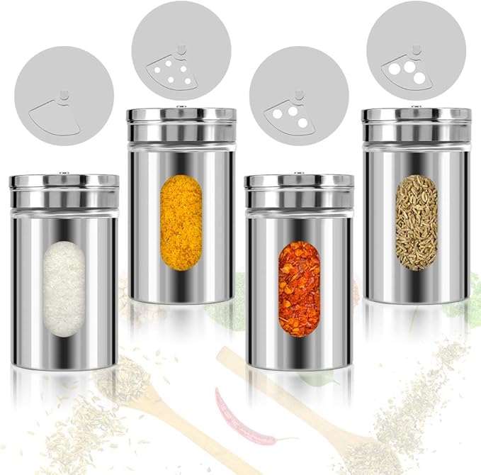 Accmor 2pcs Salt and Pepper Shakers,Stainless Steel Shaker for Salt Powder Sugar Cinnamon Pepper, Spice Dispenser with Adjustable Pour Holes,Silver