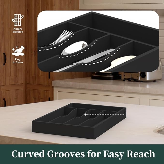 Bamboo Silverware Organizer, Kitchen Drawer Organizer, Utensil Holder, Cutlery Tray & Spoon Flatware Storage with Grooved Drawer Dividers ((5 Slots, Black)