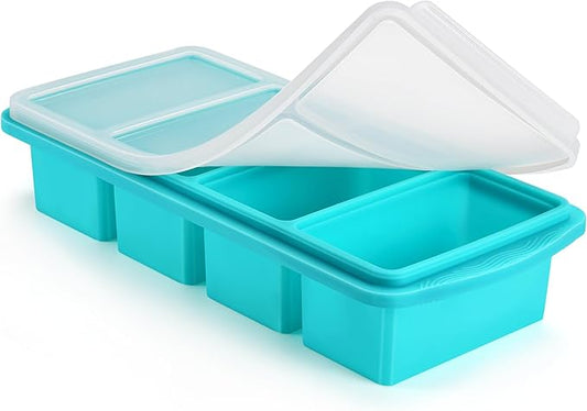 Silicone Freezer Tray with Lid - 1 Cup Silicone Food Tray - Large Ice Cube Freezer Molds - Soup, Sauce, leftovers, Homemade Meal Prep Freezing Kitchen Storage Containers - Aqua - 1-Pack