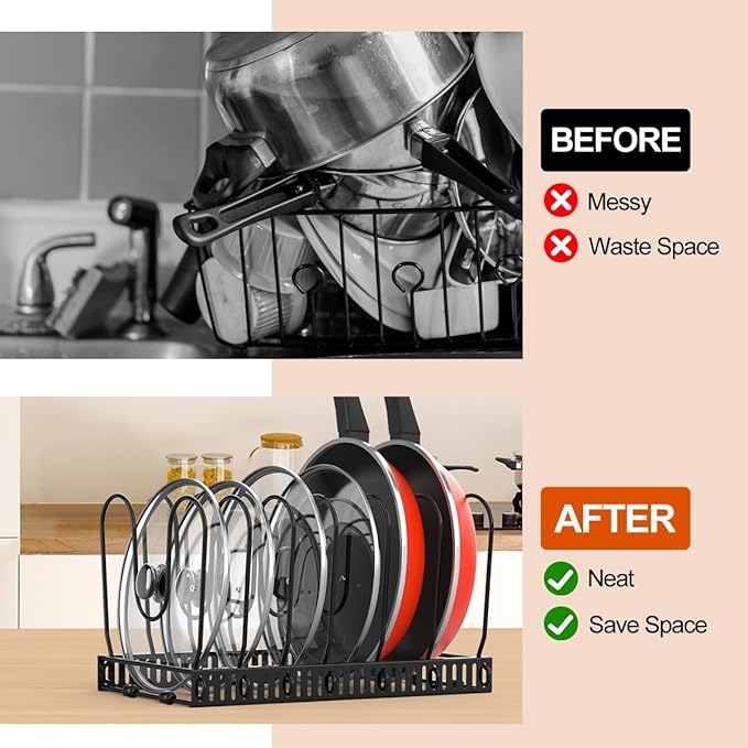 Pot and Pan Organizer Rack for Cabinet, Pot Lid Organizer with 7 Adjustable Dividers, Pan Holder Storage Rack for Kitchen Cabinet, Black