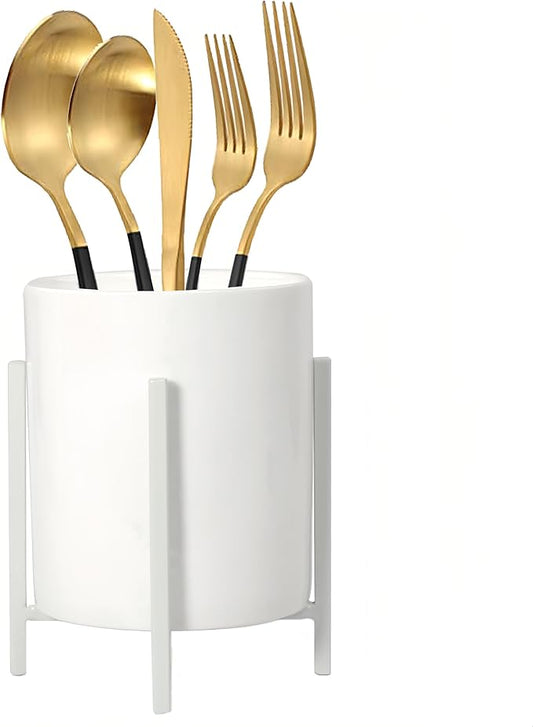 Ceramic Flatware Caddy, Silverware Caddy Cutlery Holder, Round Utensil Crock, Kitchen Utensil Holder for Countertop, Solid White Cup and White Metal Bracket, 1 Pcs