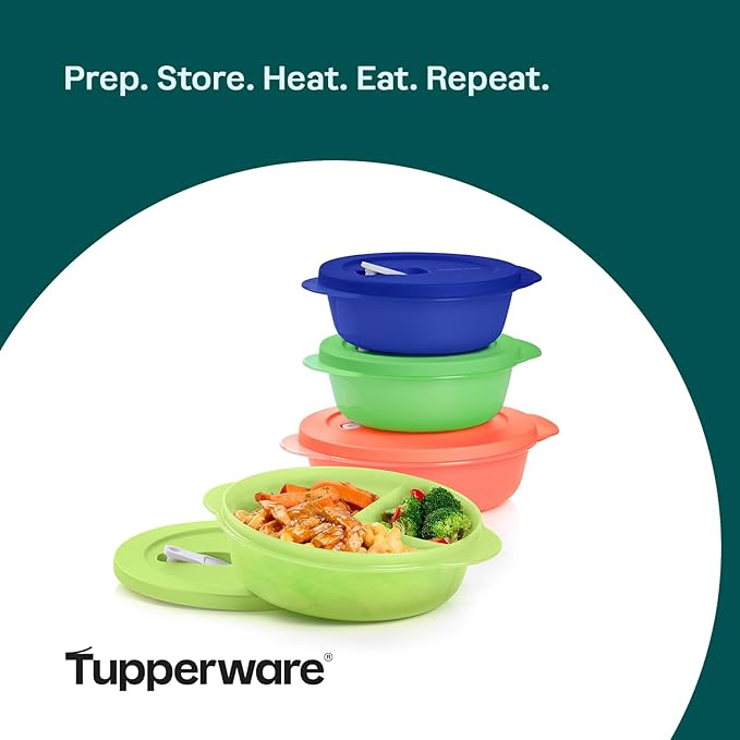 Tupperware CrystalWave PLUS 4 Piece Round Food Storage Container Set in Multi Colors, Dishwasher Safe and BPA Free (4 Bowls, 4 Lids)