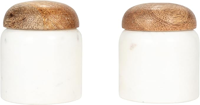 Creative Co-Op Marble and Mango Wood Pinch Pot with Lid, White and Natural