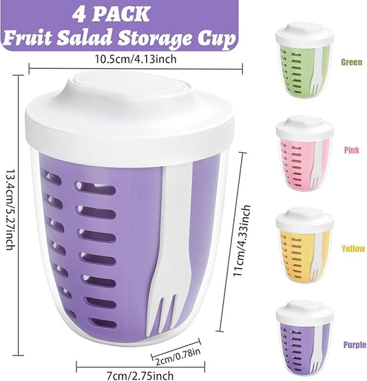 4 Pack Fruit Salad Storage Cup with Lids and Fork, 20oz Reusable Plastic Fruit Storage Containers for fridge with Drain Baskets, BPA-Free & Leak-Proof, Keep Fruits,Vegetables Fresh Longer