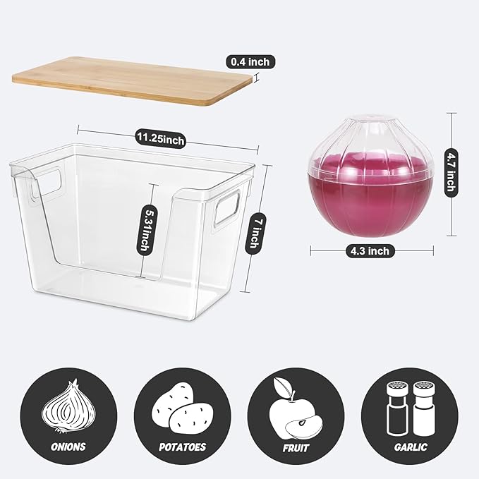 2 Set Potato Onion Storage Containers and Pantry Organizers Bin BPA-Free, Stackable Clear Plastic Storage Basket with Lid & Handle for Kitchen Counter, Cabinet, Fridge for Fruit, Vegetable, Produce