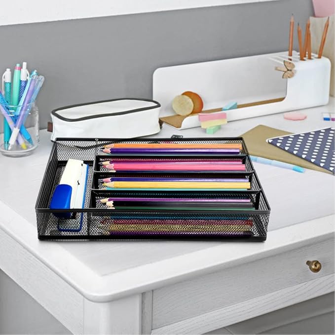 Silverware Tray for Drawer, Silverware Organizer, Metal Drawer Organizer Kitchen Utensils with Foam Feet Multi Compartments Cutlery Organizer in Drawer (BLACK)