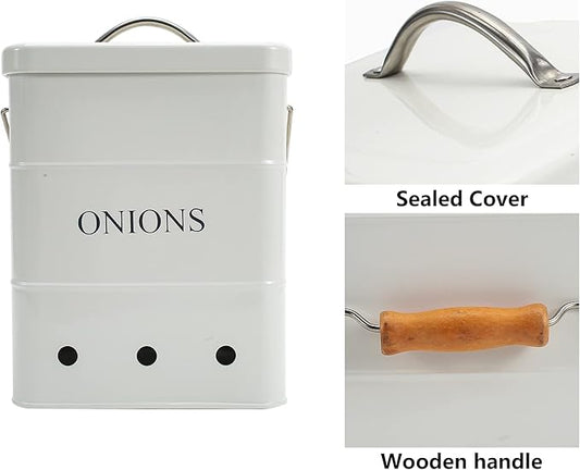 Onion Storage Bin, Metal Storage Tin for Onion, Kitchen Storage Canister with Aerating Tin Storage Holes - Kitchen Pantry Organizer Tin Vegetable Fresh Keeper (White)