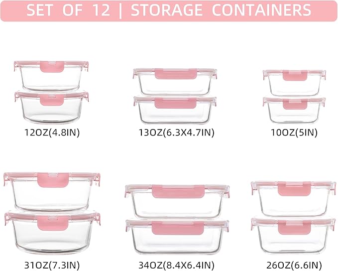 12 Pack Glass Storage Containers with Lids, Leak-Proof Meal Prep Containers, Dishwasher/Microwave/Oven/Freezer Safe Glass Food Storage Containers for Leftovers, to Go