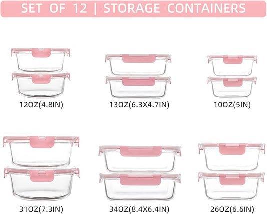 12 Pack Glass Storage Containers with Lids, Leak-Proof Meal Prep Containers, Dishwasher/Microwave/Oven/Freezer Safe Glass Food Storage Containers for Leftovers, to Go
