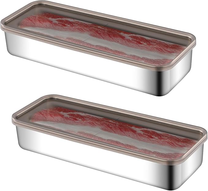 2 Pack Bacon Container for Refrigerator, 304 Stainless Steel Airtight Deli Meat Storage Containers for Fridge Dishwasher Safe Long Kitchen Food Storage Containers with Lids (26.5*10*4.6cm)