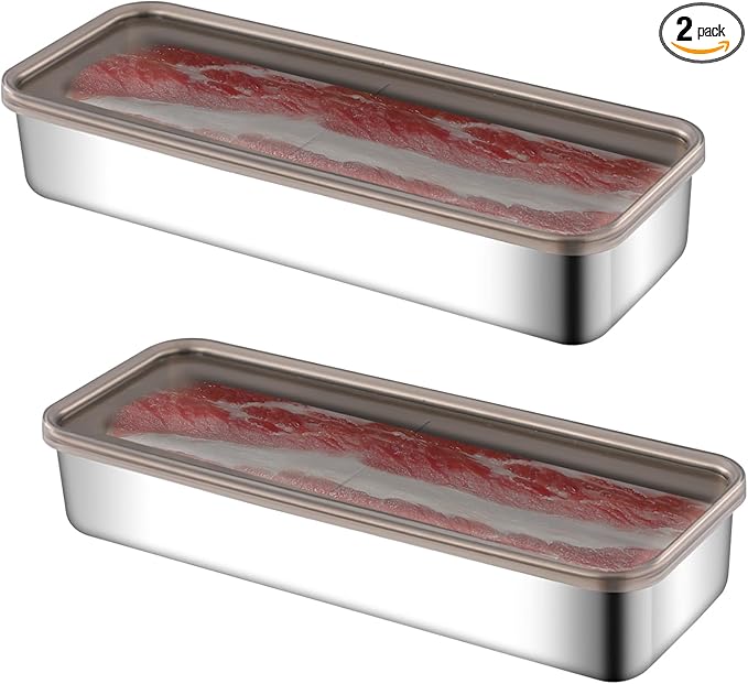 2 Pack Bacon Keeper Container, Cheese Container for Fridge,Lunch Meat Container for Refrigerator, Stainless Steel Deli Containers,Fridge Organizers and Storage with Lids Stackable (Bacon)