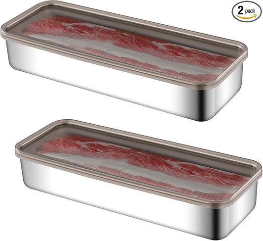 2 Pack Bacon Keeper Container, Cheese Container for Fridge,Lunch Meat Container for Refrigerator, Stainless Steel Deli Containers,Fridge Organizers and Storage with Lids Stackable (Bacon)