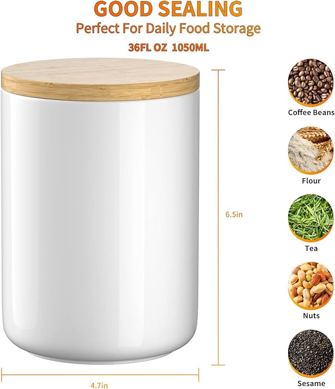 White Ceramic 1050mL 4 cup Food Storage Jar Canister with Airtight Bamboo Lid and Silicone Seal Container for Counter - Great for Coffee Sugar Treat Snack Treats for Dog Cat Rawhide Milkbone (White)