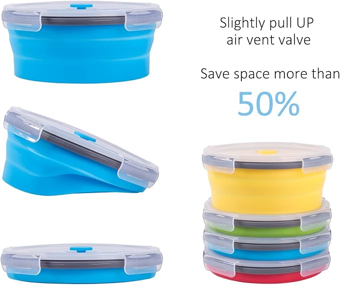 Collapsible Food Storage Containers with Airtight Lid, 40.5 oz, Kitchen Stacking Silicone Collapsible Meal Prep Container Set for Leftover, Microwave Freezer Dishwasher Safe, 4 Colors Round, Set of 4