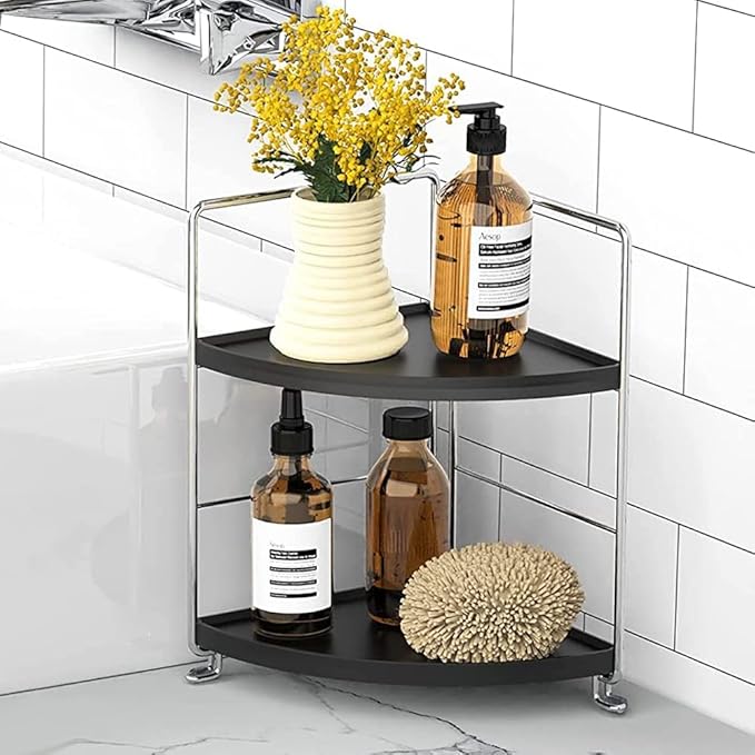 Kitchen Spice Rack Standing Shelf, 2-Tier Corner Storage Shelf, Bathroom Countertop Organizer, Vanity Tray Cosmetic & Makeup Storage, Silver&Black