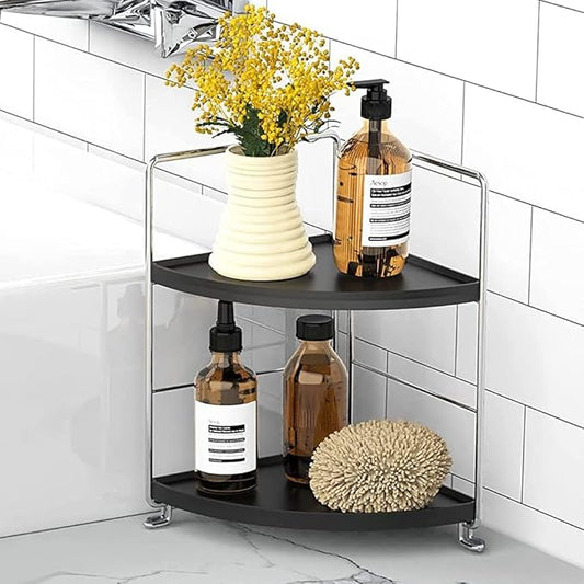 Kitchen Spice Rack Standing Shelf, 2-Tier Corner Storage Shelf, Bathroom Countertop Organizer, Vanity Tray Cosmetic & Makeup Storage, Silver&Black