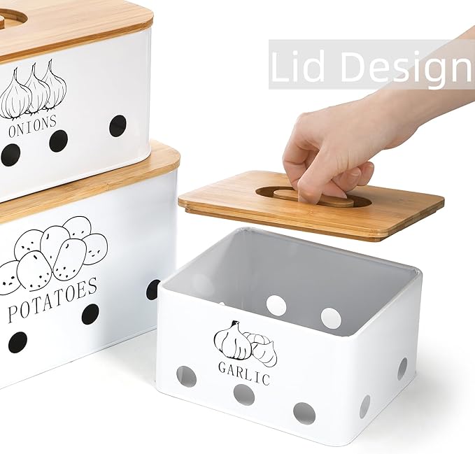 3 Pack Potato Onion Garlic Storage Set, Iron Vegetable Storage Bins with Holes Bamboo Lids, Stackable Kitchen Organization Container Storage Tin for Countertop Pantry