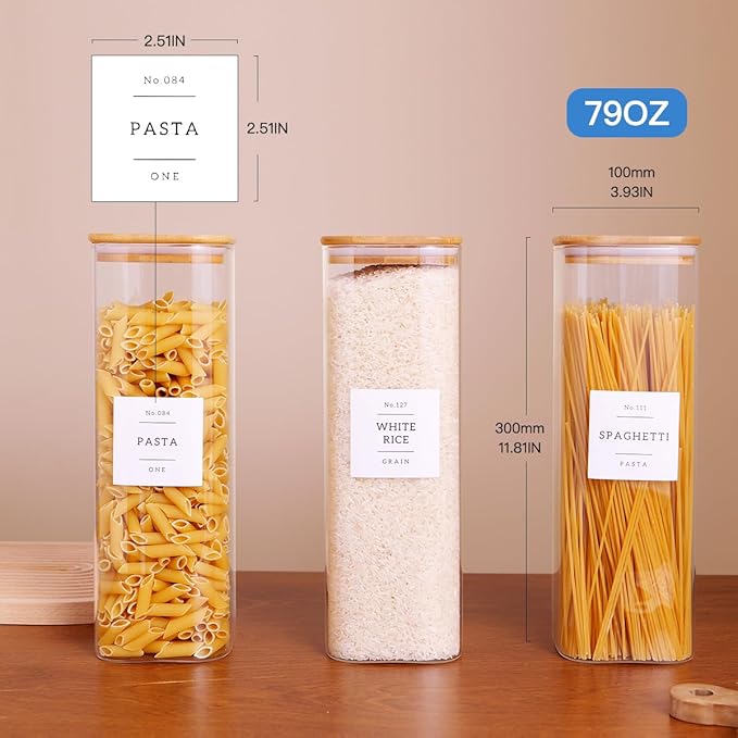 3 Pack Square Glass Kitchen Storage Jars with Airtight Bamboo Lids and 132 Pantry Labels - 80oz Glass Canisters with Wood Lids - Glass Food Storage Containers for Spaghetti, Pasta, Fettuccine