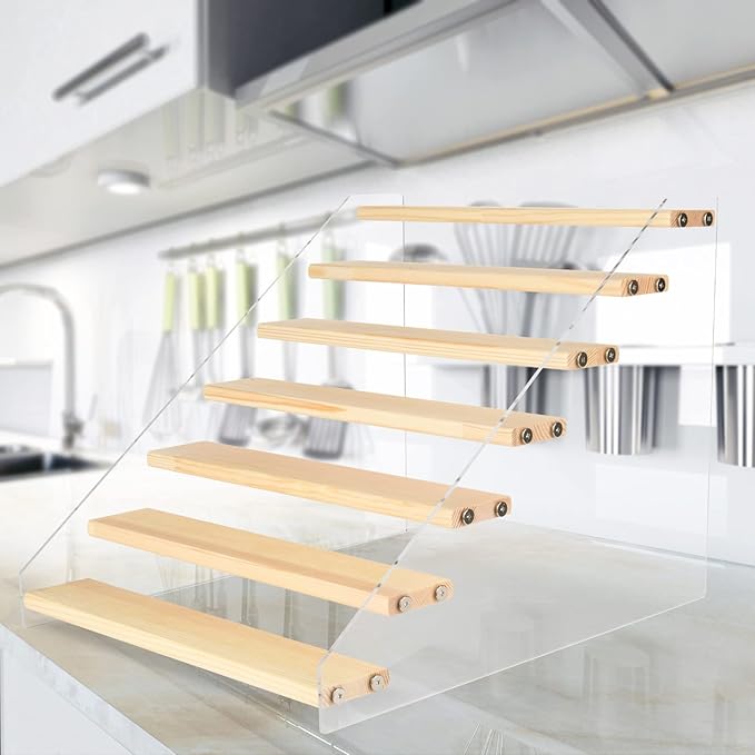Homakover Tiered Spice Rack Acrylic Wood Board Organizer for Cabinet, Seasoning Shelf, Space Saving Clear Stand Step Can Kitchen Countertop Storage Organization, 7 Tier