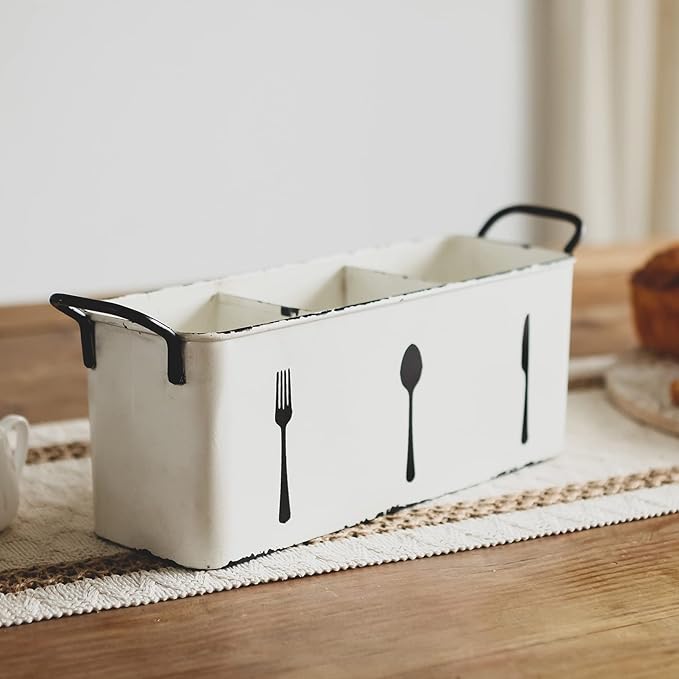 NIKKY HOME Farmhouse Utensil Holder for Countertop, Flatware Cutlery Caddy Silverware Holder Spoons Knives Forks Organizer Kitchen Decor - Distressed White