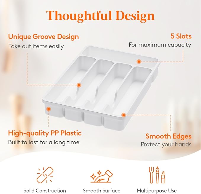 Lifewit Silverware Drawer Organizer Tray, Plastic Cutlery Storage for Kitchen Drawer, Flatware and Utensil Holder Divider for Spoons Forks Knives Tableware, 5 Compartment, White