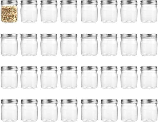 8 Ounce Clear Plastic Mason Jars With Screw On Lid, Reusable Empty Jars for Food Storage, Round BPA Free Containers for Sealing, Dry Food, Snacks, Candies, Breakage-proof, (Silver - 32 Pack)