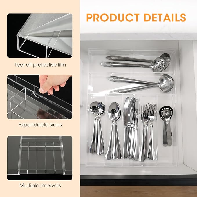 AIEVE Clear Acrylic Silverware Organizer, Expandable Kitchen Drawer Organizer for Utensils, Flatware, Cutlery with 9 Compartments