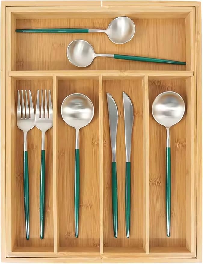 Bamboo Silverware Drawer Organizer Kitchen Utensil Holder -Expandable Cutlery Drawer Organizer with Dividers for Flatware, Storage Organizer (7 Slots)