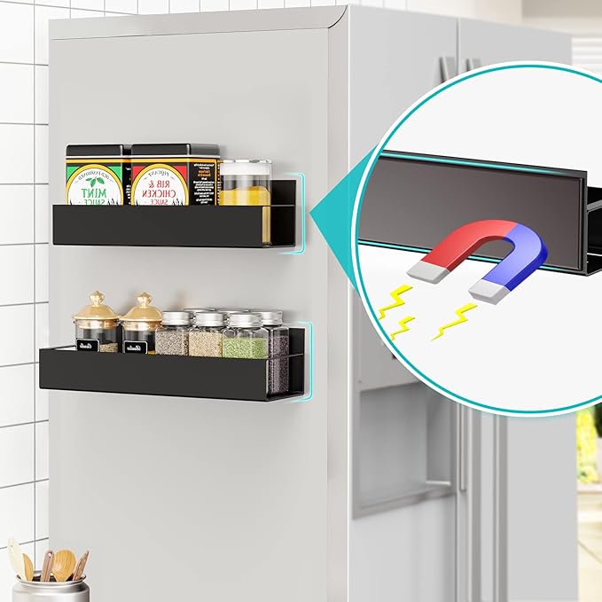 2 Pack Moveable Fridge Magnetic Spice Racks,Metal Black